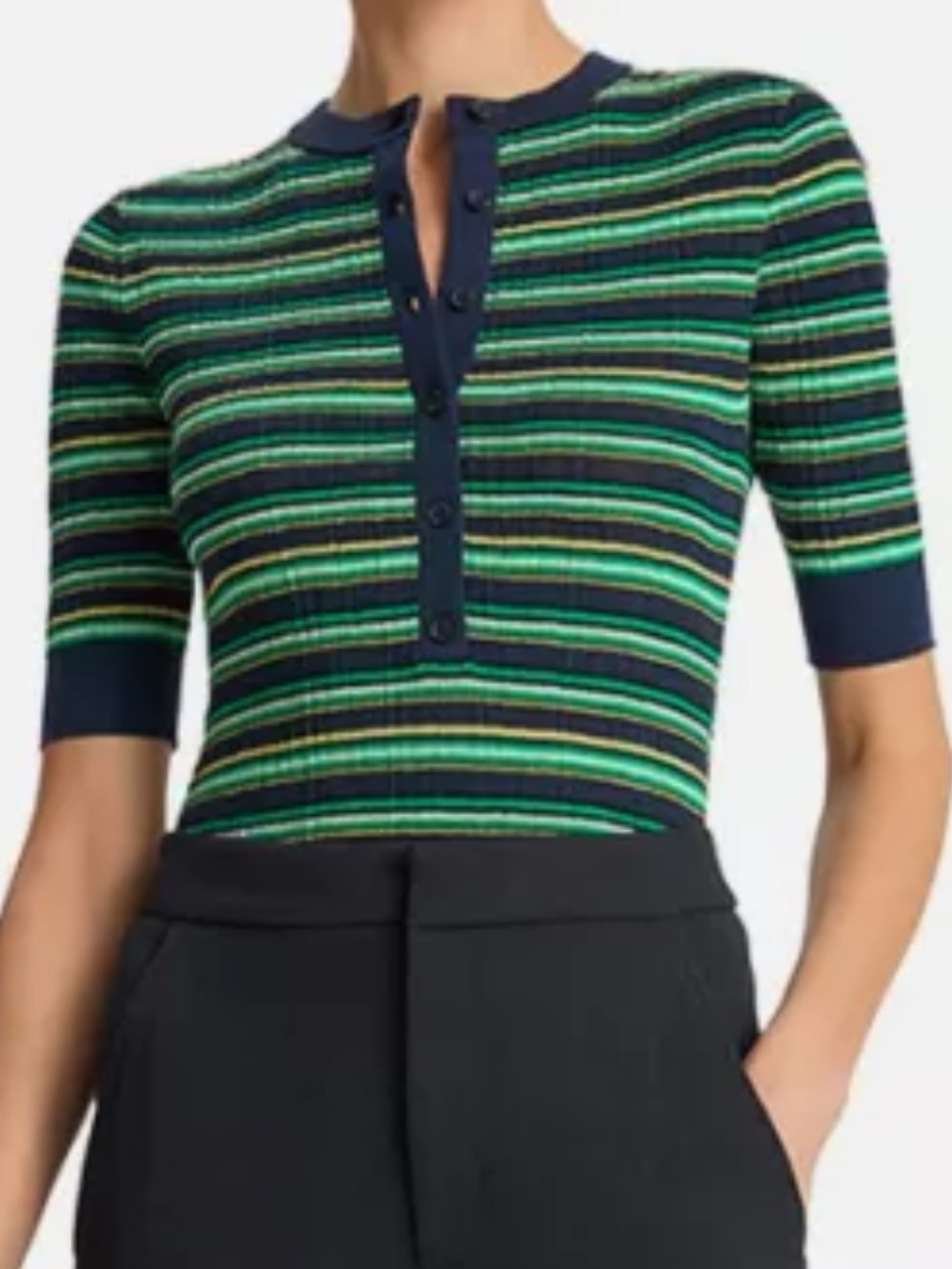 A.L.C. Navy, Green & Yellow Striped Button-Down Knit Top